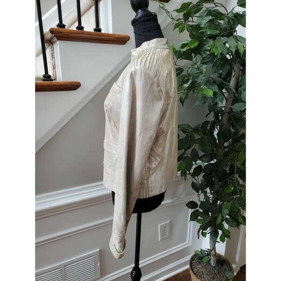 Bebe Women's Metalic Beige 100% Leather Long Sleeve High Neck Front Zip Jacket L - Picture 6 of 13